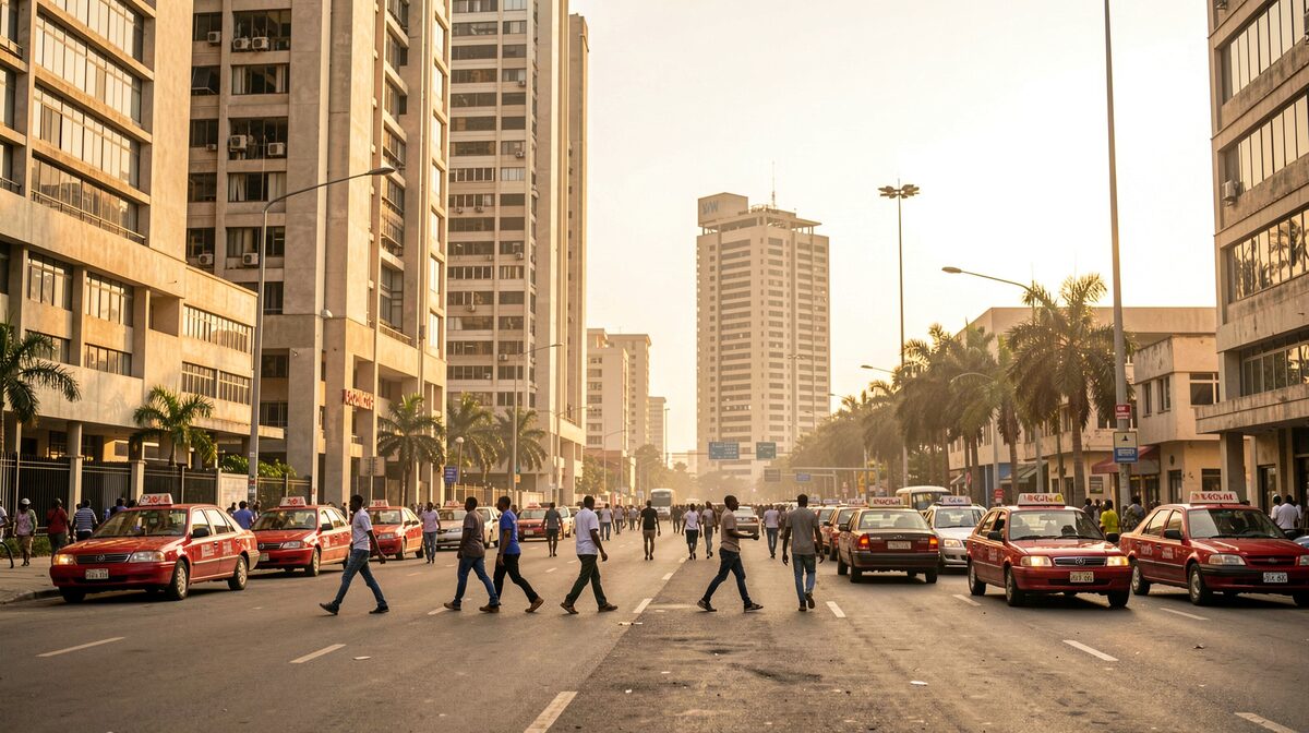 Large avenue animée du quartier d’affaires d’Abidjan à l’heure dorée, tours modernes de hauteurs différentes, taxis rouges et piétons qui traversent, lumière chaude et poussiéreuse