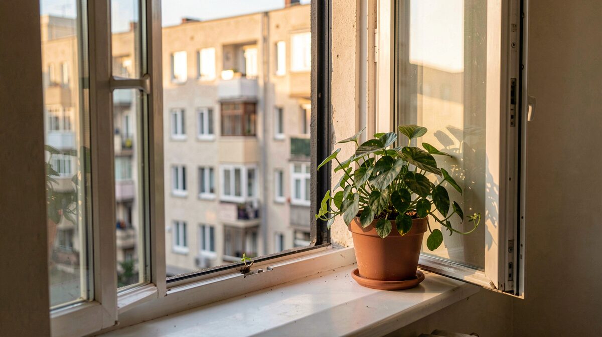 Une fenêtre de appartement ouverte sur un immeuble résidentiel en fin d'après-midi, lumière douce, cadrage rapproché sur la fenêtre et une plante verte sur l'appui.