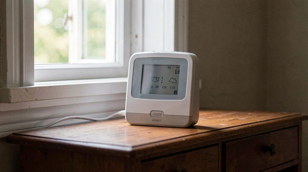 Un détecteur de qualité d'air posé sur une console près d'une fenêtre ouverte, lumière du matin, cadrage rapproché.