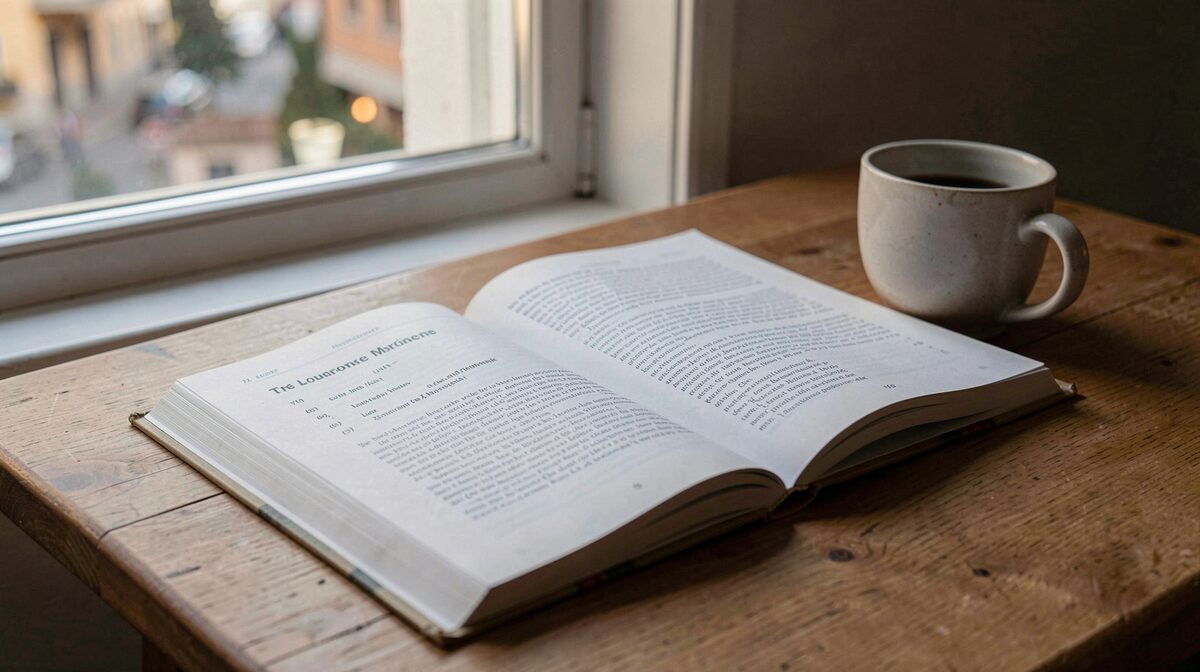 Une table de lecture près d'une fenêtre à Lausanne, un magazine ouvert sur une rubrique cotée, lumière douce de fin d'après-midi, cadrage rapproché sur les pages et une tasse possée à côté.