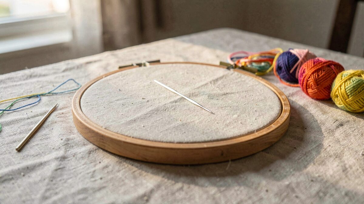 Un cercle à broder en bois posé sur une table en lin, aiguille et fils de coton colorés, lumière naturelle latérale d'après-midi, cadrage rapproché.