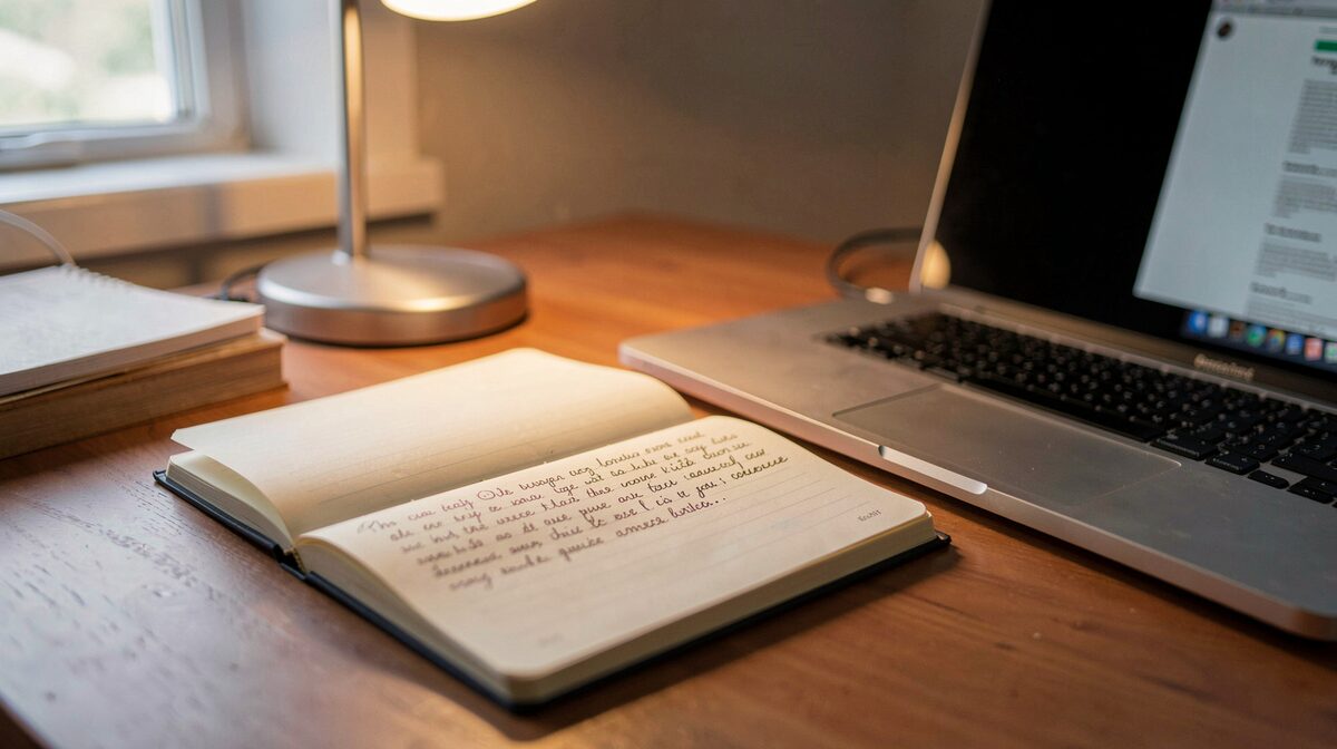 Un bureau d'indépendant en fin de journée, carnet de notes ouvert à côté d'un ordinateur portable, lumière chaude d'une lampe de bureau, cadrage rapproché sur la page manuscrite.