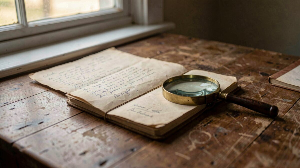 Une table de travail en fin d'après-midi avec des lettres anciennes, un carnet militaire et une loupe posés près d'une fenêtre, cadrage rapproché en lumière latérale.