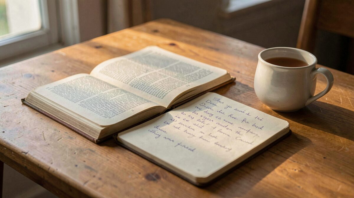 Une table de lecture en fin d'après-midi, un livre ouvert accompagné d'un carnet manuscrit et d'une tasse, lumière latérale douce, cadrage rapproché en plongée légère.