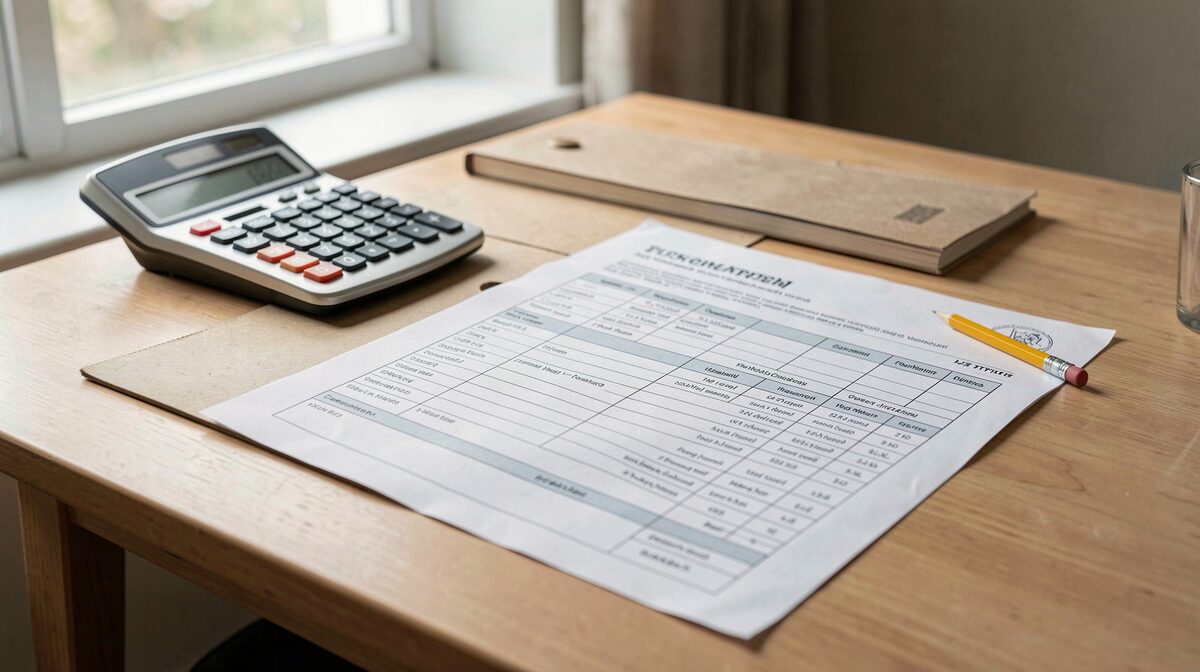 Une table de travail avec une déclaration fiscale imprimée, une calculatrice et un crayon, éclairée par la lumière d'une fenêtre, cadrage rapproché à plat.