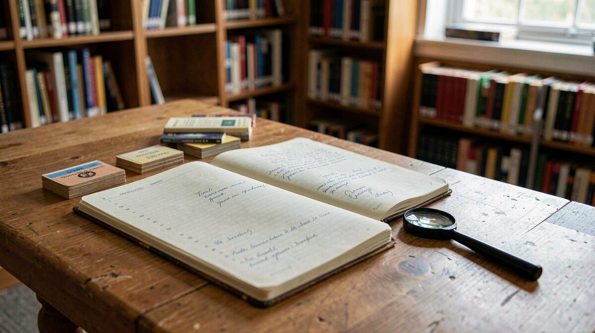 Une table de travail dans une bibliothèque municipale, un carnet ouvert, des fiches d'archives et une loupe, lumière naturelle latérale, cadrage rapproché en plongée légère.