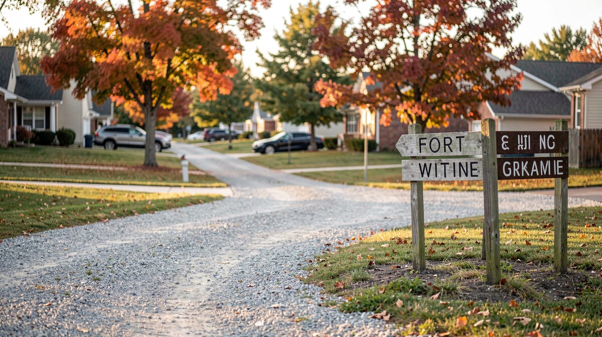 Un carrefour de sentiers en gravier à la lisière d'un quartier résidentiel de Fort Wayne, panneaux de départ au premier plan, lumière d'après-midi d'automne, cadrage à hauteur de promeneur.