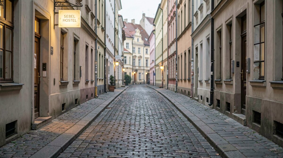 Ruelle pavée du centre de Prague au petit matin, enseigne d'une auberge de jeunesse lumineuse, cadrage vertical depuis le niveau du trottoir.