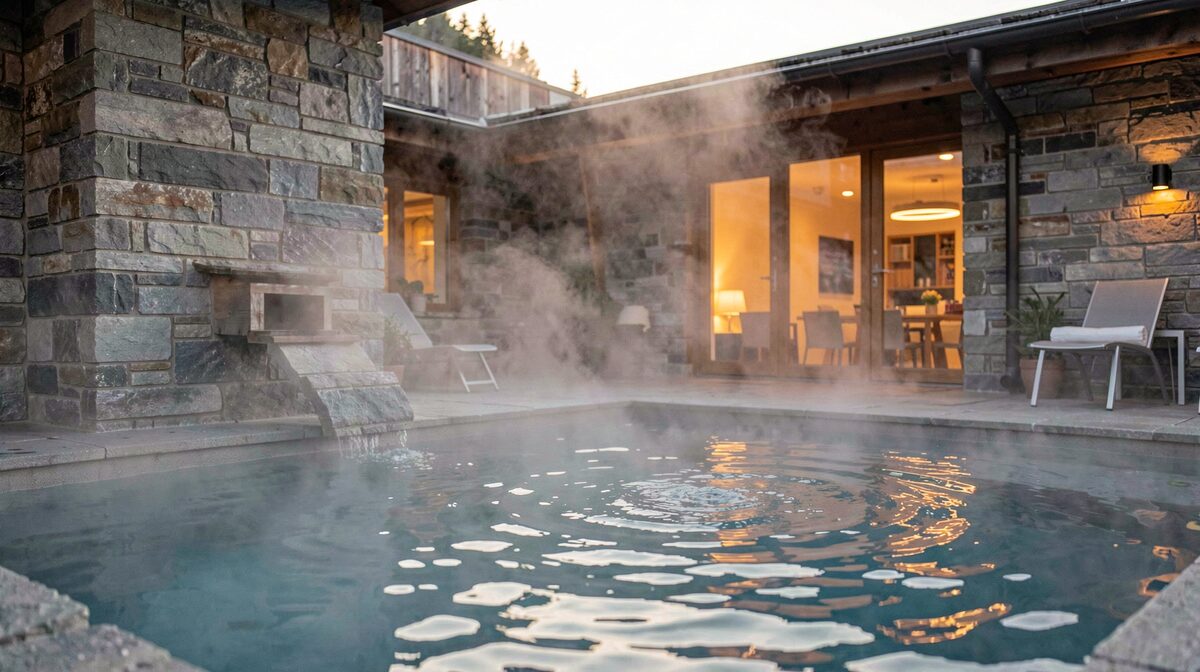 Bassins de vapeur d'un spa thermal suisse au crépuscule, pierre grise et lumière chaude, cadrage moyen sur l'eau et la brume.